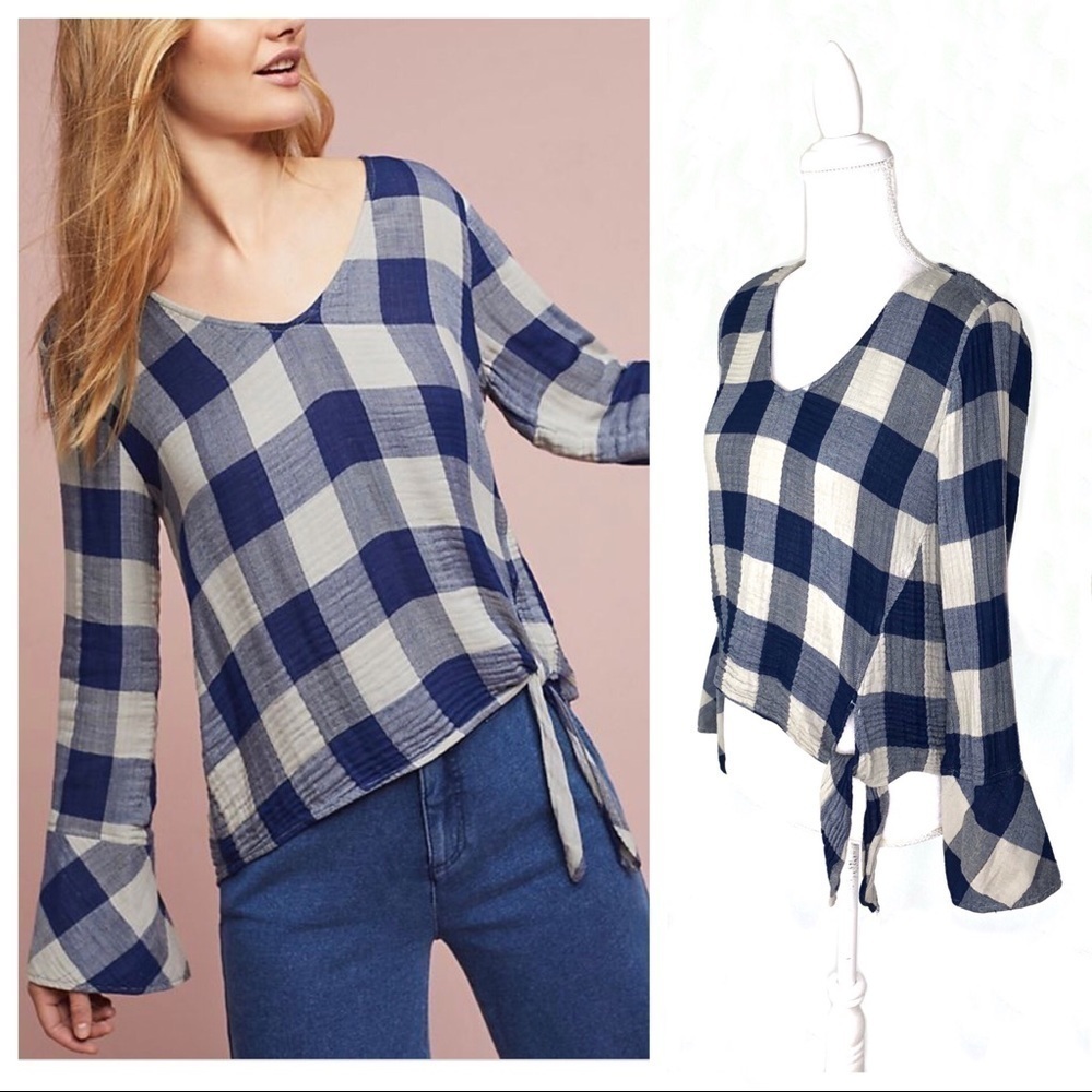 Anthropologie Cloth Stone gingham check plaid side tie knot navy blue top XS